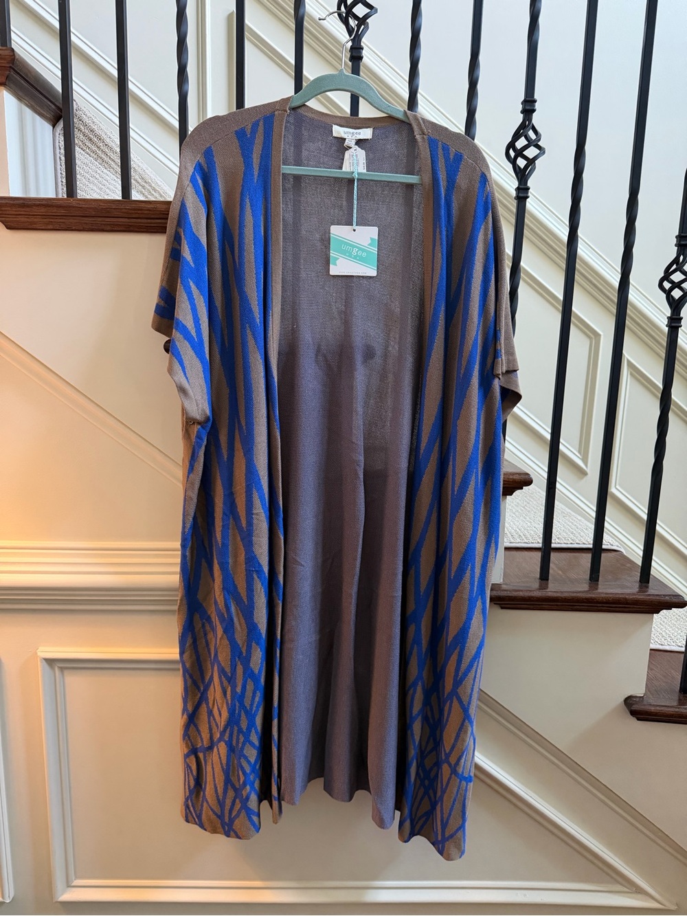 New Umgee M/L Brown and Blue Open-Front Draped Cardigan sweater duster